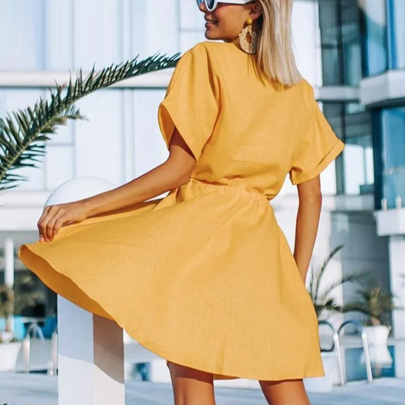 Elegant Office Solid Buttons Loose Sleeve Shirt Sundress Midi Dress