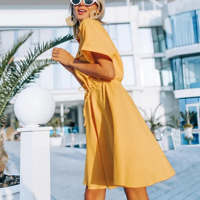 Elegant Office Solid Buttons Loose Sleeve Shirt Sundress Midi Dress