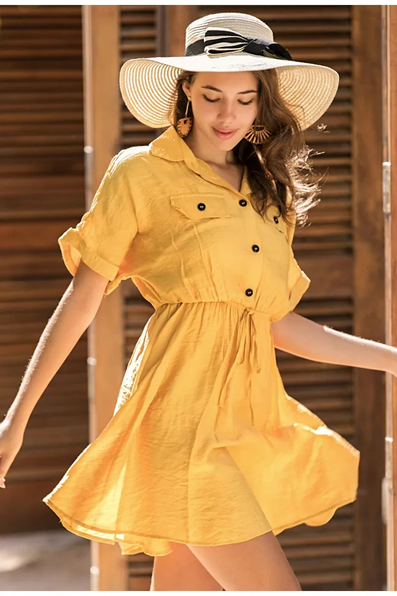 Elegant Office Solid Buttons Loose Sleeve Shirt Sundress Midi Dress