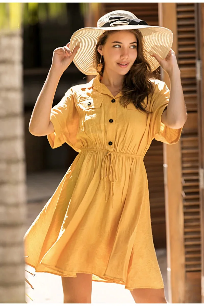 Elegant Office Solid Buttons Loose Sleeve Shirt Sundress Midi Dress