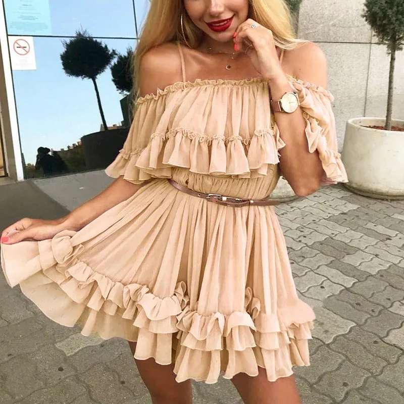 Elegant Ruffle Off Shoulder Spaghetti Strap Chiffon Summer Short Sundress