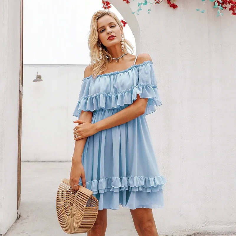 Elegant Ruffle Off Shoulder Spaghetti Strap Chiffon Summer Short Sundress