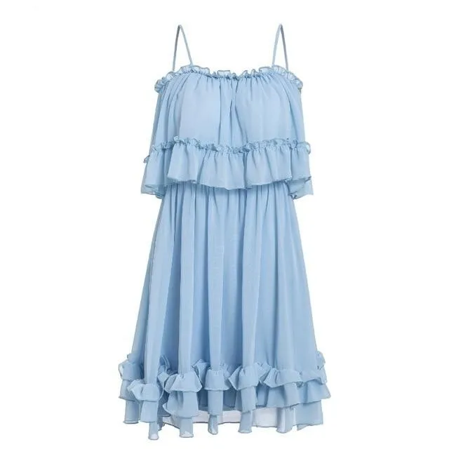 Elegant Ruffle Off Shoulder Spaghetti Strap Chiffon Summer Short Sundress