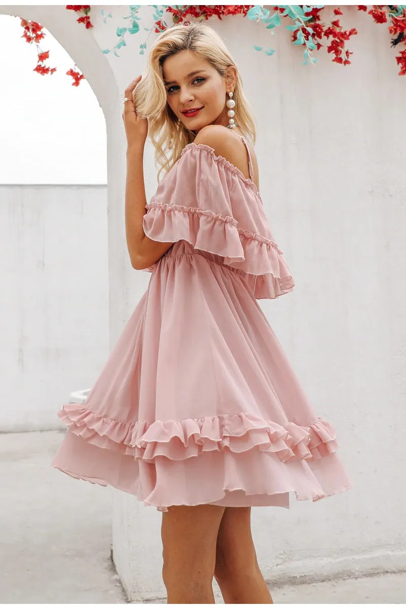 Elegant Ruffle Off Shoulder Spaghetti Strap Chiffon Summer Short Sundress