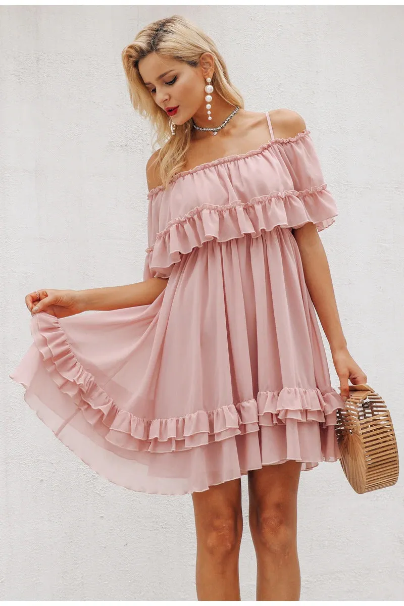 Elegant Ruffle Off Shoulder Spaghetti Strap Chiffon Summer Short Sundress