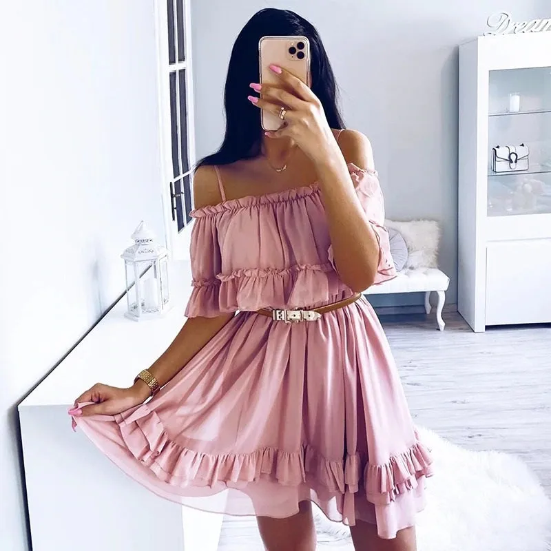 Elegant Ruffle Off Shoulder Spaghetti Strap Chiffon Summer Short Sundress