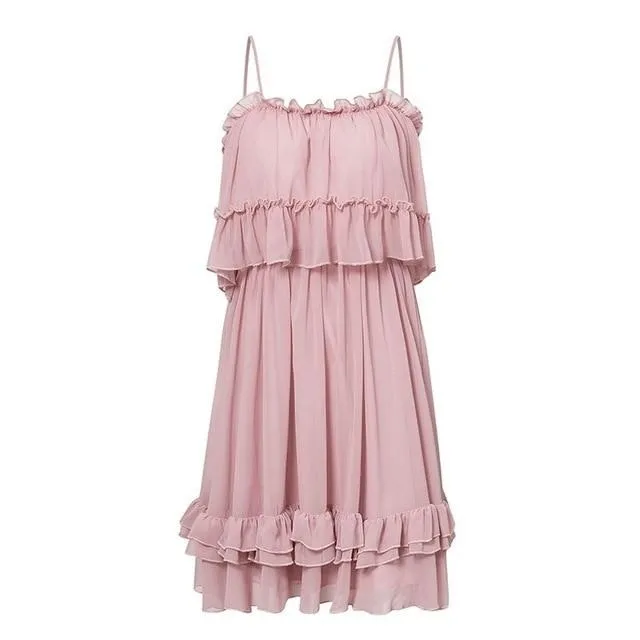 Elegant Ruffle Off Shoulder Spaghetti Strap Chiffon Summer Short Sundress
