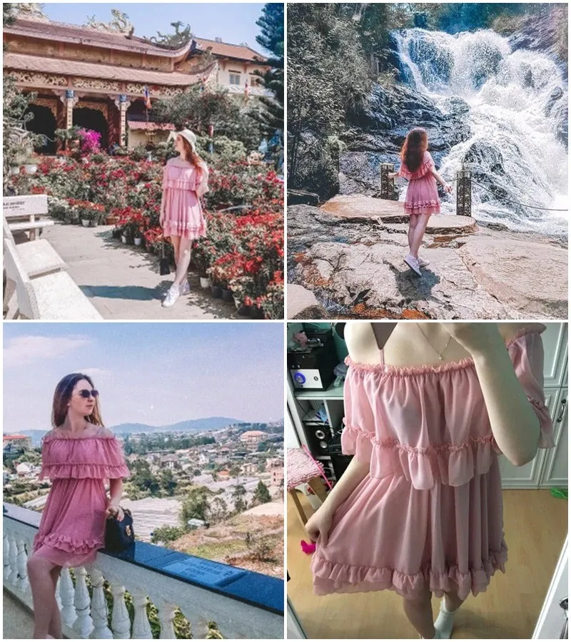 Elegant Ruffle Off Shoulder Spaghetti Strap Chiffon Summer Short Sundress