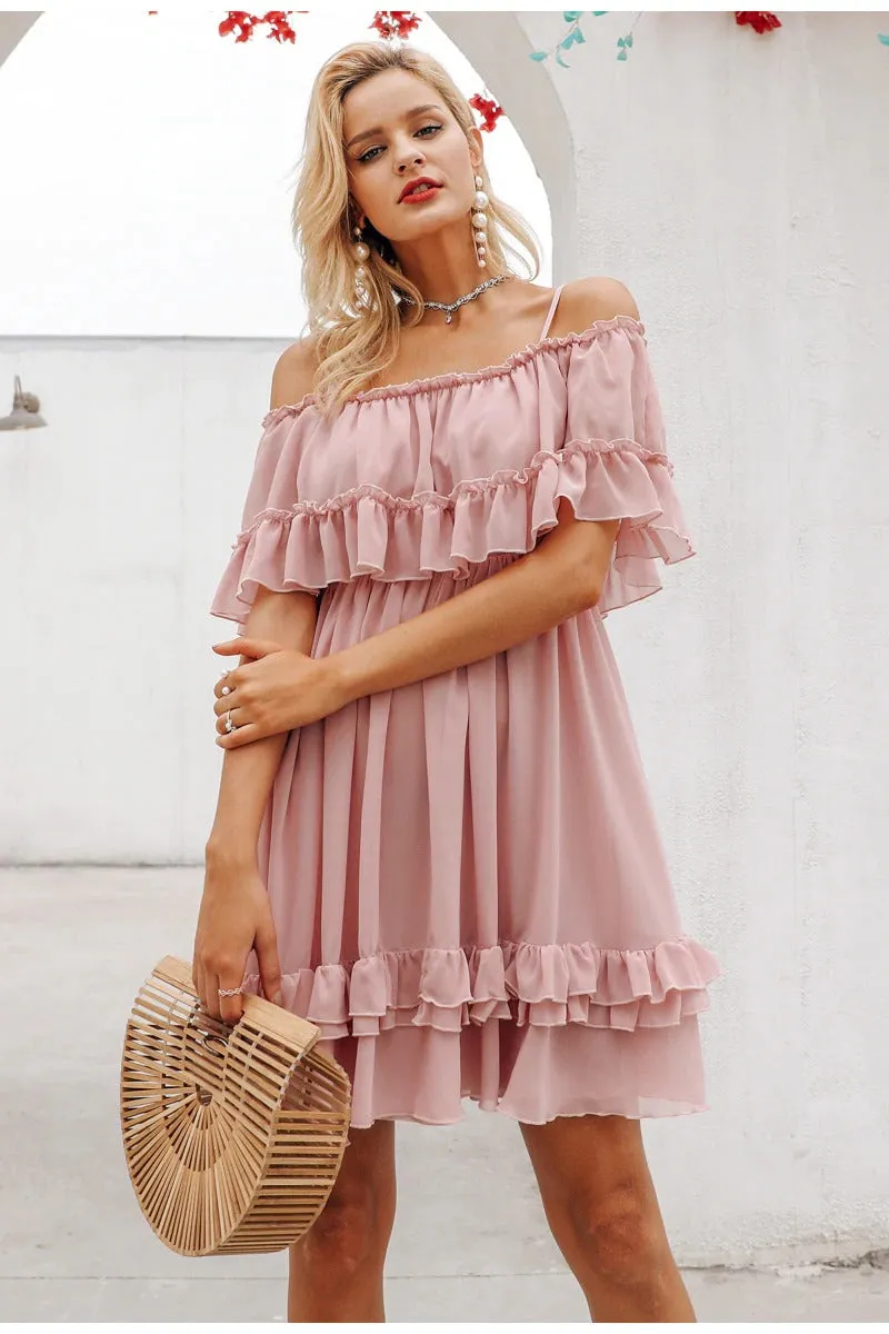 Elegant Ruffle Off Shoulder Spaghetti Strap Chiffon Summer Short Sundress