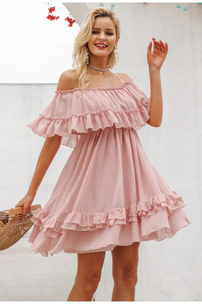 Elegant Ruffle Off Shoulder Spaghetti Strap Chiffon Summer Short Sundress