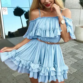 Elegant Ruffle Off Shoulder Spaghetti Strap Chiffon Summer Short Sundress