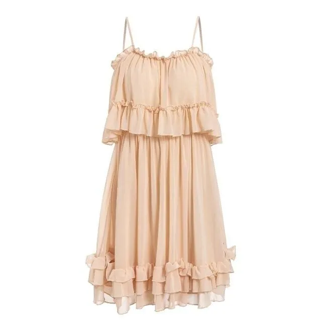 Elegant Ruffle Off Shoulder Spaghetti Strap Chiffon Summer Short Sundress