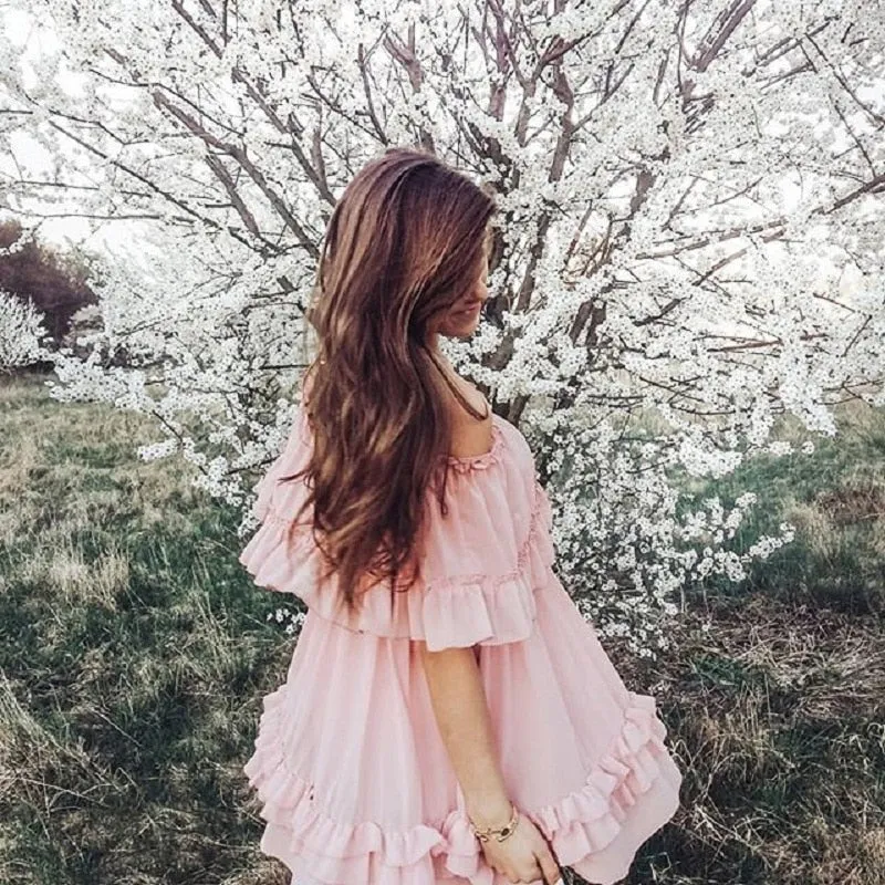 Elegant Ruffle Off Shoulder Spaghetti Strap Chiffon Summer Short Sundress