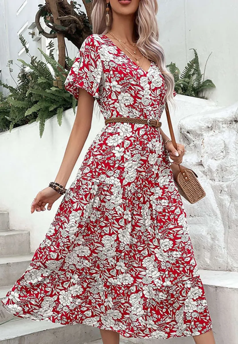 Elegant V Neck Midi Dress with Romantic Floral Print & Button Front