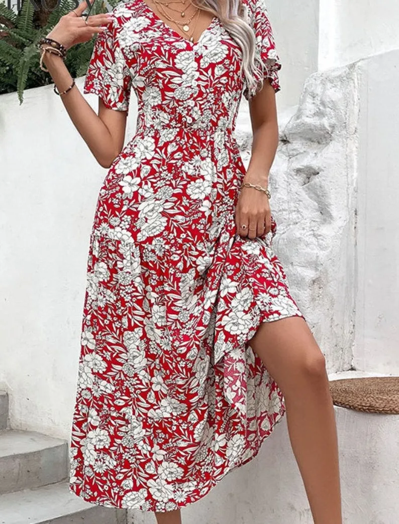 Elegant V Neck Midi Dress with Romantic Floral Print & Button Front
