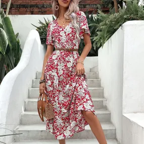 Elegant V Neck Midi Dress with Romantic Floral Print & Button Front