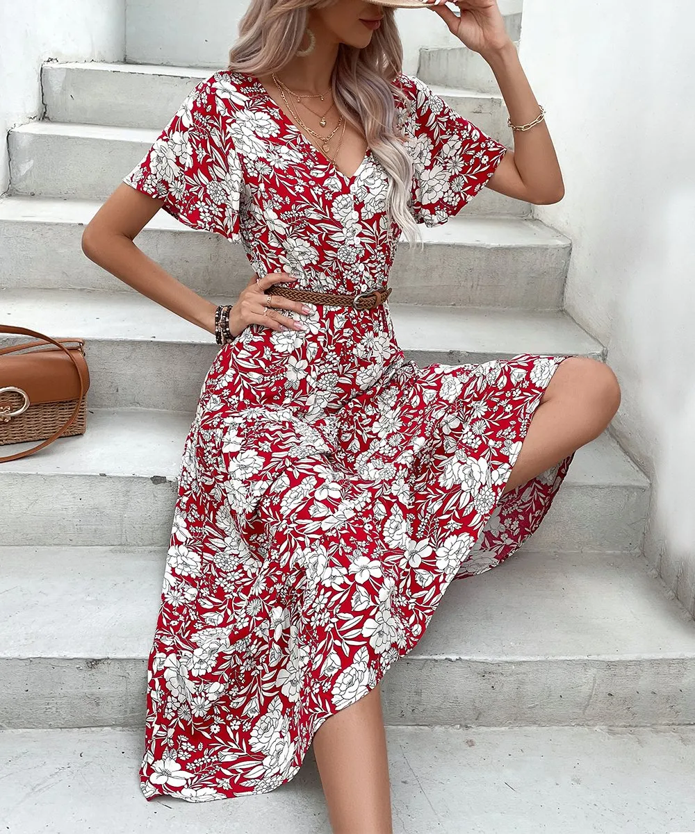 Elegant V Neck Midi Dress with Romantic Floral Print & Button Front