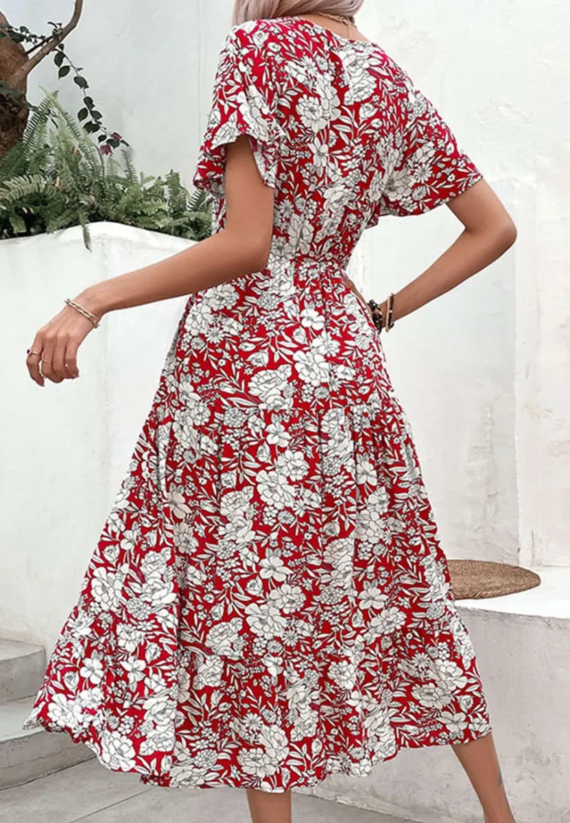 Elegant V Neck Midi Dress with Romantic Floral Print & Button Front