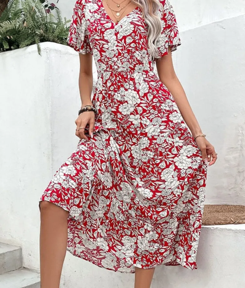 Elegant V Neck Midi Dress with Romantic Floral Print & Button Front