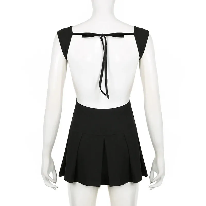 Fashion Backless Black Tie Up Sexy Dress Mini Korean Style A-Line Summer Dresses Female Y2K Clothes Sundress Elegant