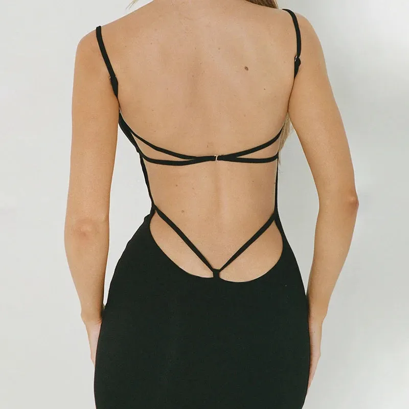 Fashion Elegant Sexy Black Evening Dress Ladies Backless Spaghetti Strap Side Split Party Long Dresses Slim Sundress