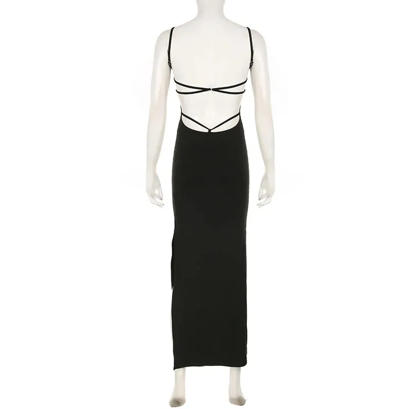 Fashion Elegant Sexy Black Evening Dress Ladies Backless Spaghetti Strap Side Split Party Long Dresses Slim Sundress