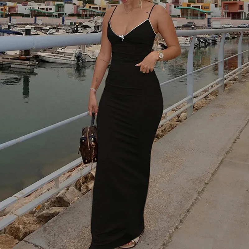 Fashion Elegant Strap Slim Holidays Long Dress Ladies Boho Lace Trim Bow Backless Sexy Summer Dresses Korean Sundress