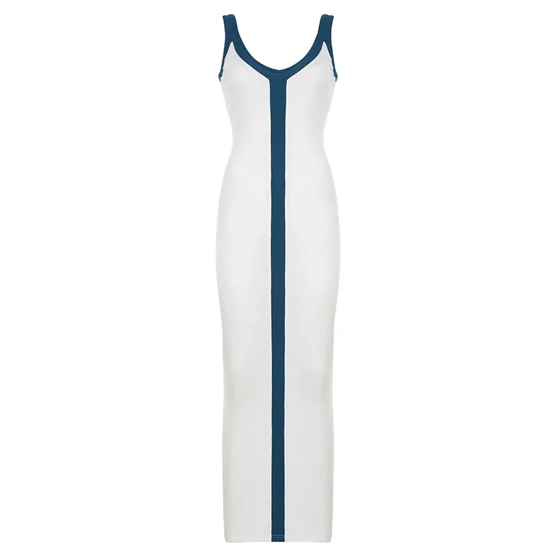 Fashion Strap Elegant Knitted Beach Holidays Long Dress Women Stripe Sleeveless Split Sexy Sundress Summer Dresses