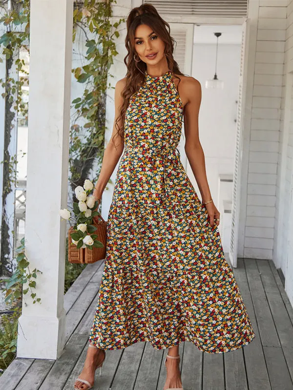 Floral Tiered Halter Tank Dress: Ditsy Print, Mid Calf Length