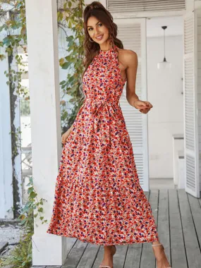 Floral Tiered Halter Tank Dress: Ditsy Print, Mid Calf Length