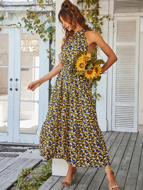 Floral Tiered Halter Tank Dress: Ditsy Print, Mid Calf Length