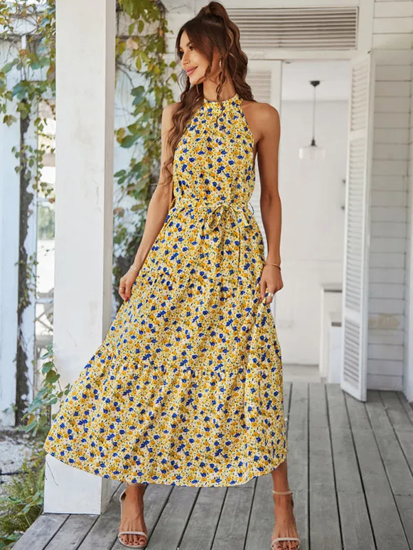 Floral Tiered Halter Tank Dress: Ditsy Print, Mid Calf Length