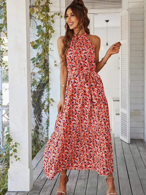 Floral Tiered Halter Tank Dress: Ditsy Print, Mid Calf Length