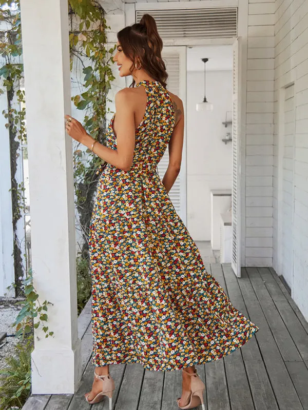 Floral Tiered Halter Tank Dress: Ditsy Print, Mid Calf Length