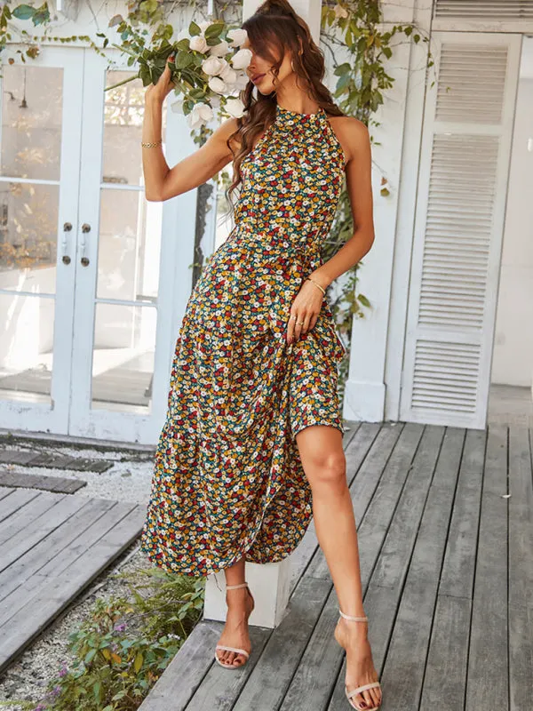 Floral Tiered Halter Tank Dress: Ditsy Print, Mid Calf Length