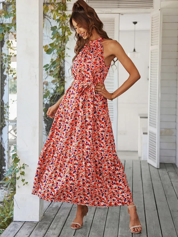 Floral Tiered Halter Tank Dress: Ditsy Print, Mid Calf Length