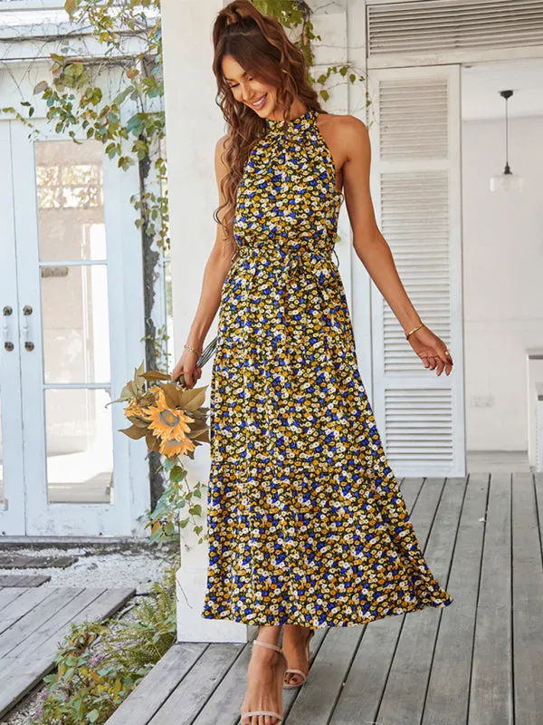 Floral Tiered Halter Tank Dress: Ditsy Print, Mid Calf Length