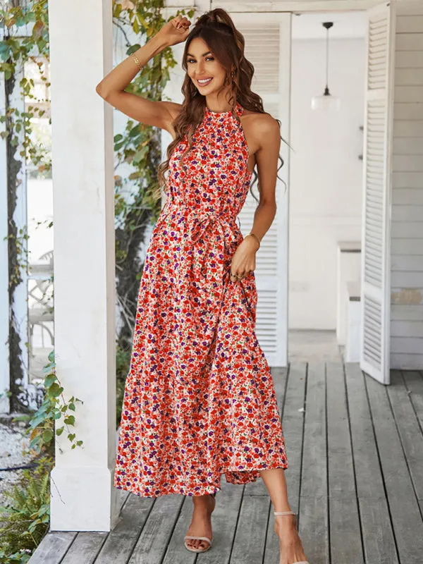 Floral Tiered Halter Tank Dress: Ditsy Print, Mid Calf Length