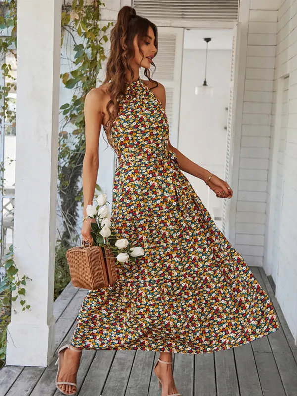 Floral Tiered Halter Tank Dress: Ditsy Print, Mid Calf Length