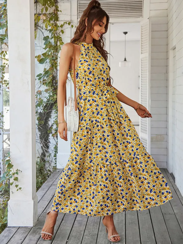 Floral Tiered Halter Tank Dress: Ditsy Print, Mid Calf Length