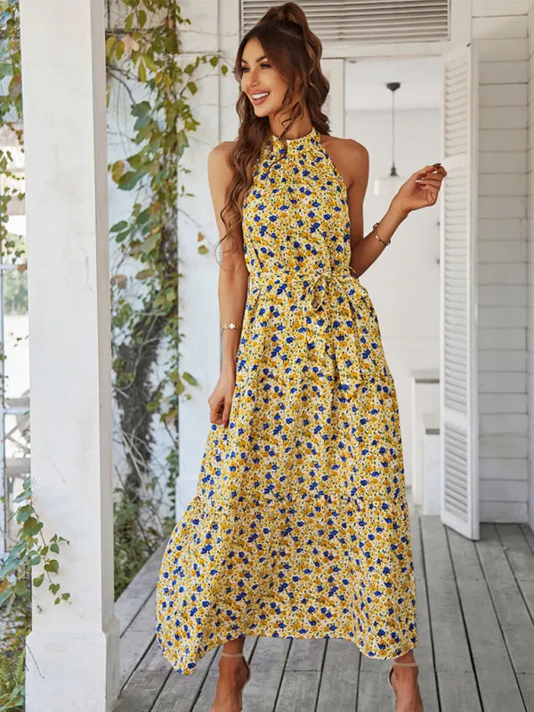 Floral Tiered Halter Tank Dress: Ditsy Print, Mid Calf Length