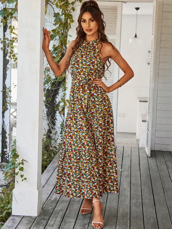 Floral Tiered Halter Tank Dress: Ditsy Print, Mid Calf Length