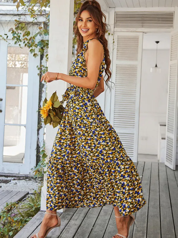 Floral Tiered Halter Tank Dress: Ditsy Print, Mid Calf Length