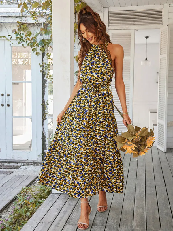 Floral Tiered Halter Tank Dress: Ditsy Print, Mid Calf Length