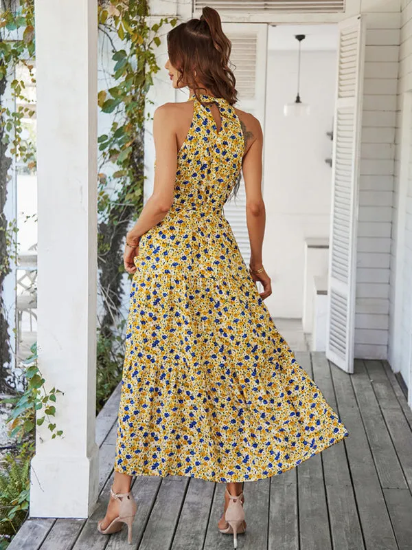 Floral Tiered Halter Tank Dress: Ditsy Print, Mid Calf Length