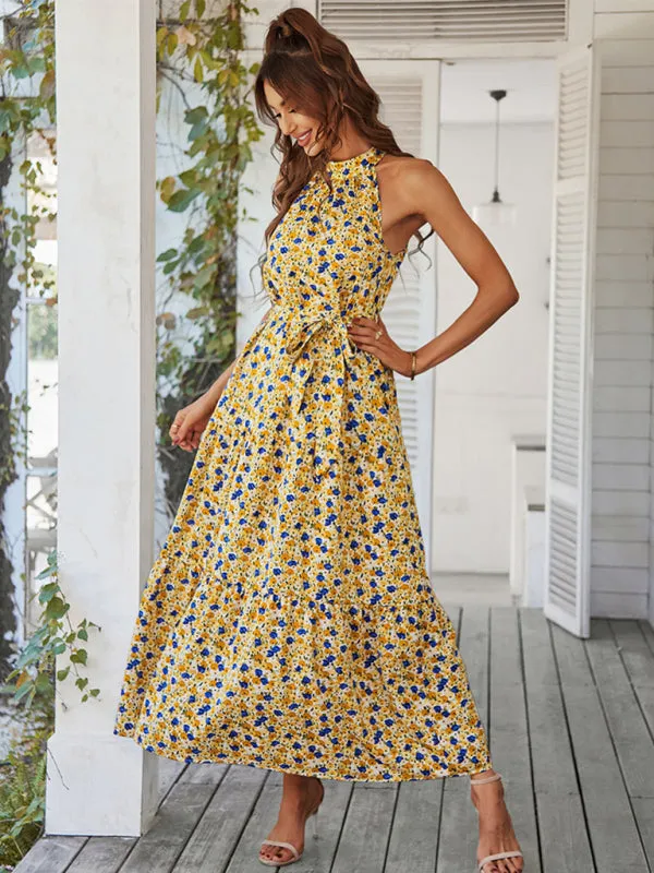 Floral Tiered Halter Tank Dress: Ditsy Print, Mid Calf Length