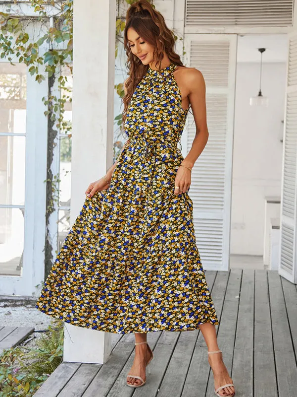 Floral Tiered Halter Tank Dress: Ditsy Print, Mid Calf Length
