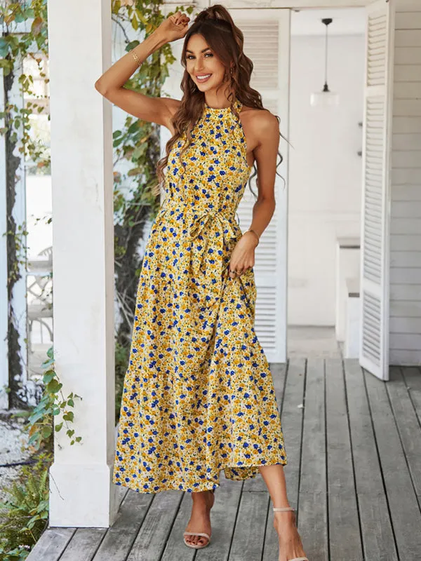 Floral Tiered Halter Tank Dress: Ditsy Print, Mid Calf Length