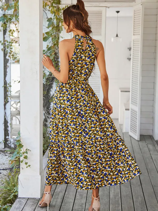 Floral Tiered Halter Tank Dress: Ditsy Print, Mid Calf Length
