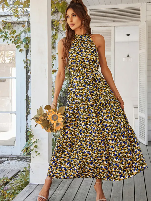Floral Tiered Halter Tank Dress: Ditsy Print, Mid Calf Length